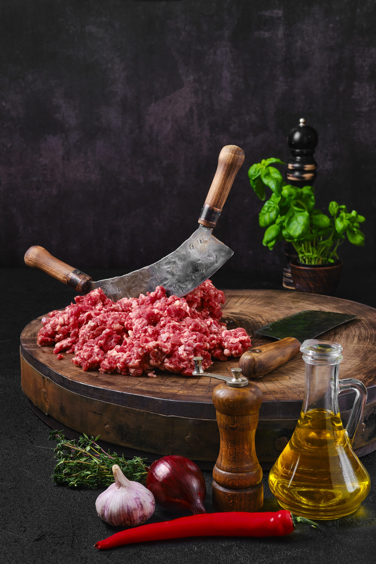 Hand-chopped meat with cleaver